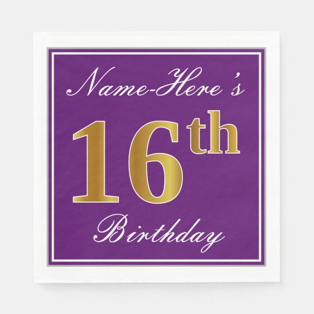 Elegant Lila, Imitate Gold 16. Geburtstag + Name Serviette (Vorderseite)