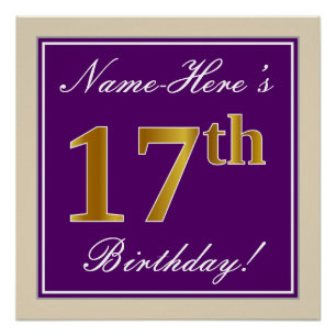 Elegant, Lila, Imitate Gold 17. Geburtstag + Name Poster