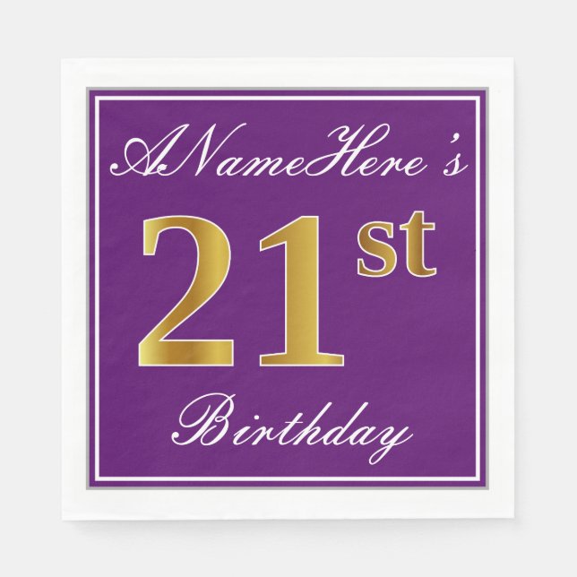 Elegant Lila, Imitate Gold 21. Geburtstag + Name Serviette (Vorderseite)