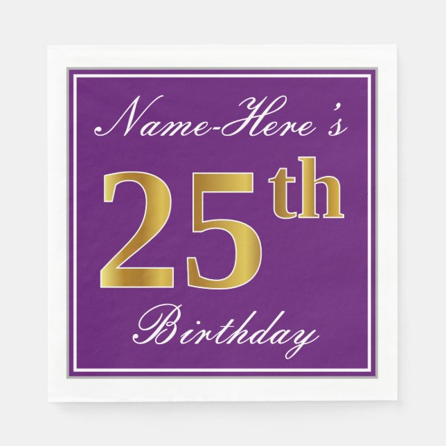 Elegant Lila, Imitate Gold 25. Geburtstag + Name Serviette (Vorderseite)