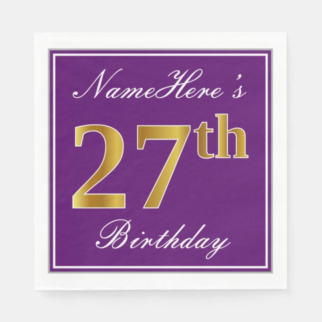 Elegant Lila, Imitate Gold 27. Geburtstag + Name Serviette (Vorderseite)