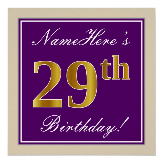 Elegant, Lila, Imitate Gold 29. Geburtstag + Name Poster (Vorderseite)