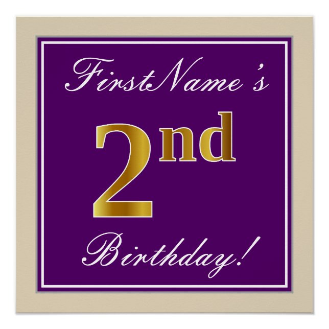 Elegant, Lila, Imitate Gold 2. Geburtstag + Name Poster (Vorderseite)