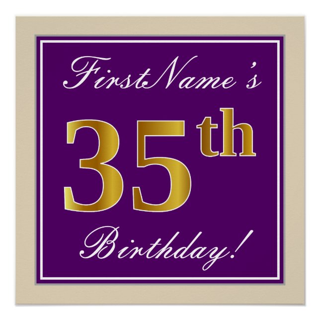 Elegant, Lila, Imitate Gold 35. Geburtstag + Name Poster (Vorderseite)