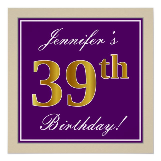 Elegant, Lila, Imitate Gold 39. Geburtstag + Name Poster (Vorderseite)