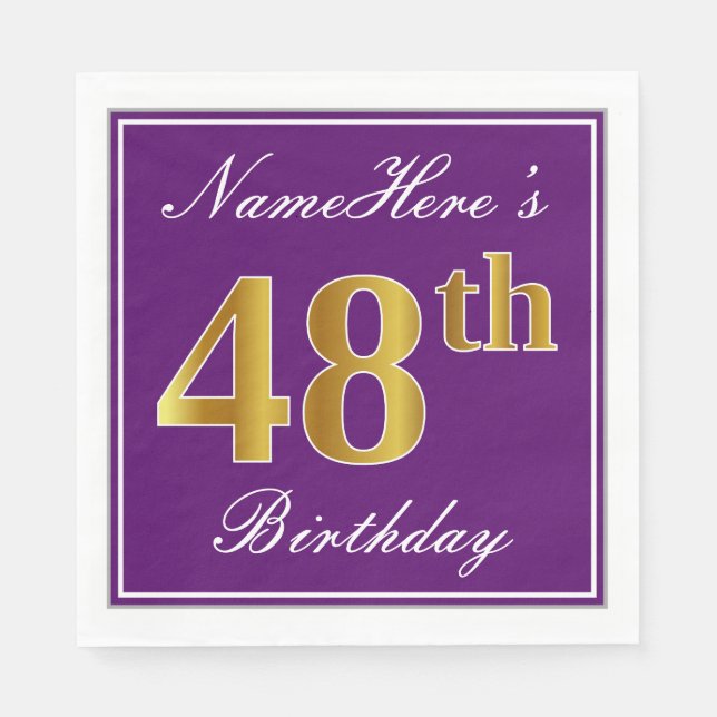 Elegant Lila, Imitate Gold 48. Geburtstag + Name Serviette (Vorderseite)