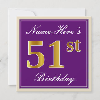 Elegant, Lila, Imitate Gold 51. Geburtstag + Name Einladung