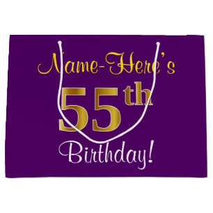 Elegant, Lila, Imitate Gold 55. Geburtstag + Name Große Geschenktüte