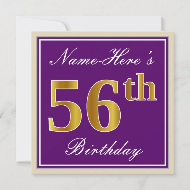 Elegant, Lila, Imitate Gold 56. Geburtstag + Name Einladung (Vorderseite)