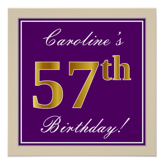 Elegant, Lila, Imitate Gold 57. Geburtstag + Name Poster (Vorderseite)