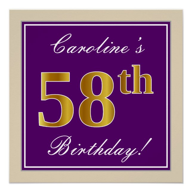 Elegant, Lila, Imitate Gold 58. Geburtstag + Name Poster (Vorderseite)
