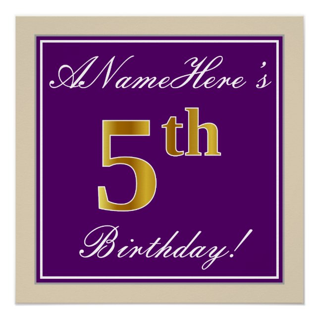 Elegant, Lila, Imitate Gold 5. Geburtstag + Name Poster (Vorderseite)