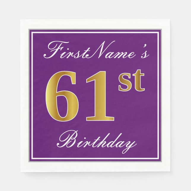 Elegant Lila, Imitate Gold 61. Geburtstag + Name Serviette (Vorderseite)