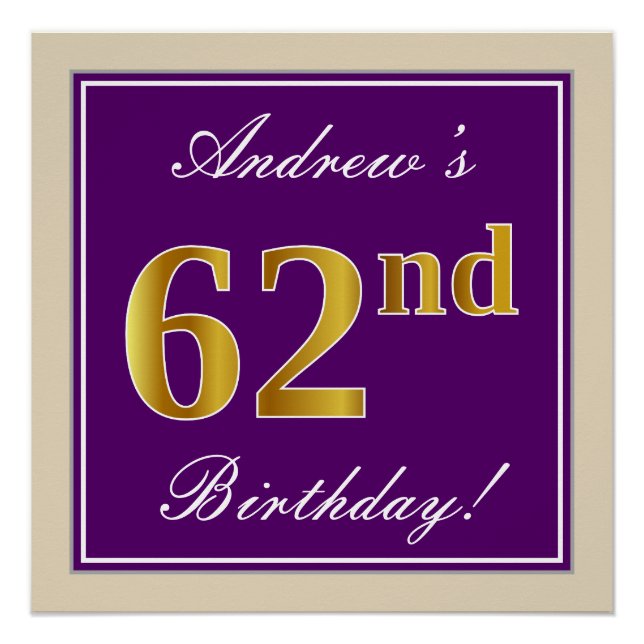 Elegant, Lila, Imitate Gold 62. Geburtstag + Name Poster (Vorderseite)