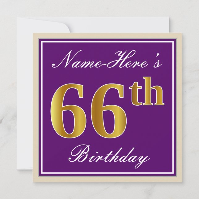 Elegant, Lila, Imitate Gold 66. Geburtstag + Name Einladung (Vorderseite)