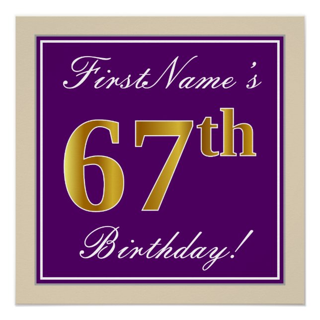 Elegant, Lila, Imitate Gold 67. Geburtstag + Name Poster (Vorderseite)