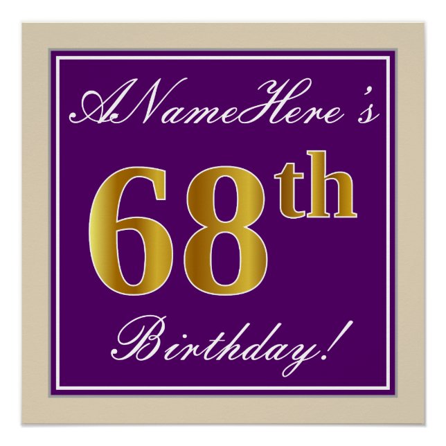 Elegant, Lila, Imitate Gold 68. Geburtstag + Name Poster (Vorderseite)