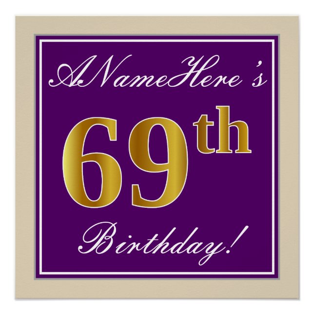Elegant, Lila, Imitate Gold 69. Geburtstag + Name Poster (Vorderseite)