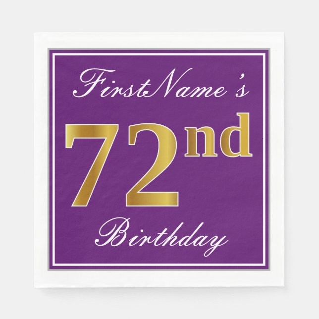 Elegant Lila, Imitate Gold 72. Geburtstag + Name Serviette (Vorderseite)