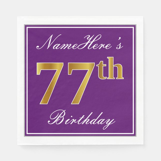 Elegant Lila, Imitate Gold 77. Geburtstag + Name Serviette (Vorderseite)