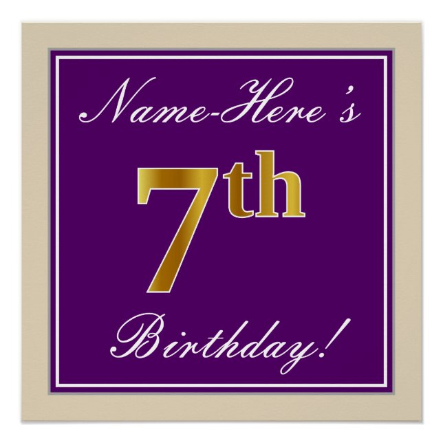 Elegant, Lila, Imitate Gold 7. Geburtstag + Name Poster (Vorderseite)