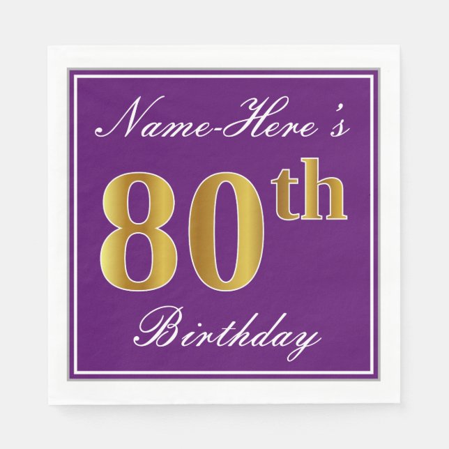 Elegant Lila, Imitate Gold 80. Geburtstag + Name Serviette (Vorderseite)