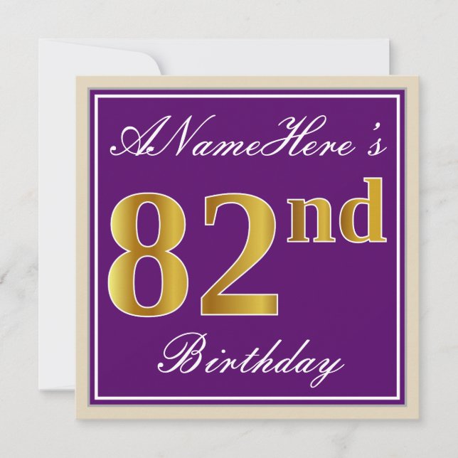 Elegant, Lila, Imitate Gold 82. Geburtstag + Name Einladung (Vorderseite)