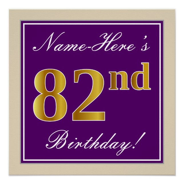 Elegant, Lila, Imitate Gold 82. Geburtstag + Name Poster (Vorderseite)