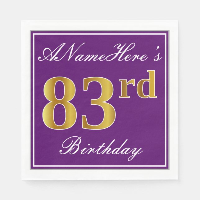 Elegant Lila, Imitate Gold 83. Geburtstag + Name Serviette (Vorderseite)