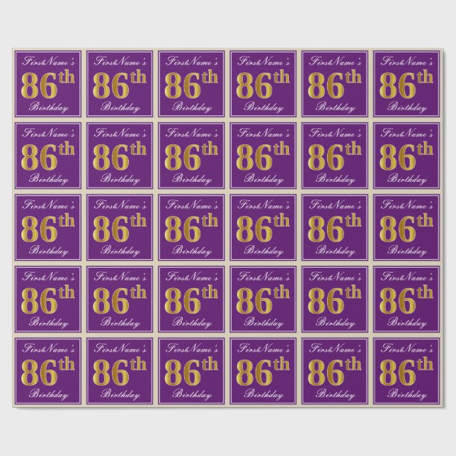Elegant, Lila, Imitate Gold 86. Geburtstag + Name Geschenkpapier (Flach)