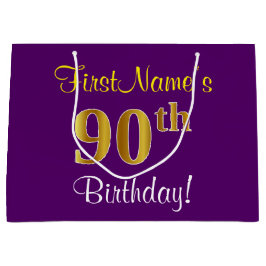 Elegant, Lila, Imitate Gold 90. Geburtstag + Name Große Geschenktüte