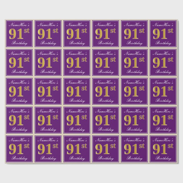 Elegant, Lila, Imitate Gold 91. Geburtstag + Name Geschenkpapier (Flach)