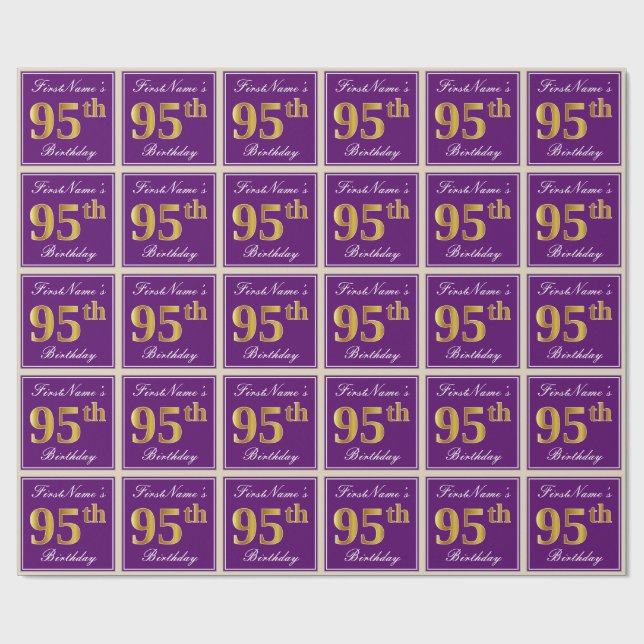 Elegant, Lila, Imitate Gold 95. Geburtstag + Name Geschenkpapier (Flach)
