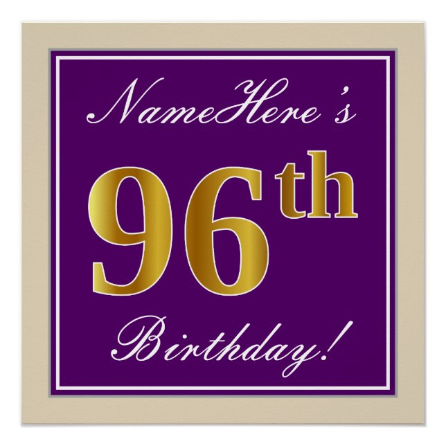 Elegant, Lila, Imitate Gold 96. Geburtstag + Name Poster (Vorderseite)