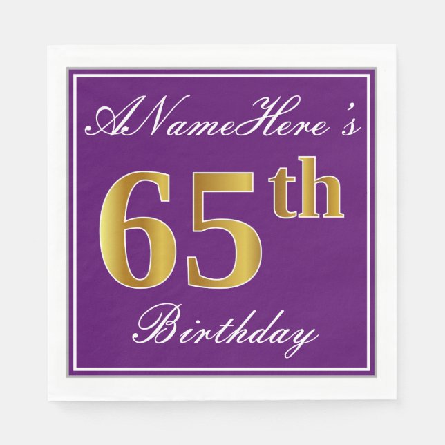 Elegant Lila, Imitats Gold 65. Geburtstag + Name Serviette (Vorderseite)