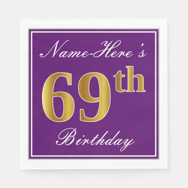 Elegant Lila, Imitats Gold 69. Geburtstag + Name Serviette (Vorderseite)