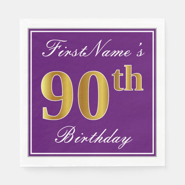 Elegant Lila, Imitats Gold 90. Geburtstag + Name Serviette (Vorderseite)
