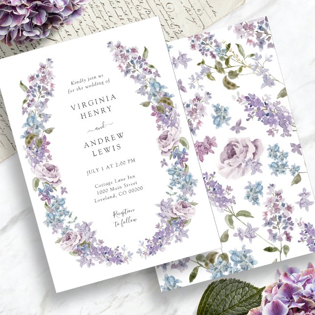 Elegant Lila Lilac Wedding Einladung (Elegant Purple Lilac Flowers Wedding Invitation by Painted Paperie)