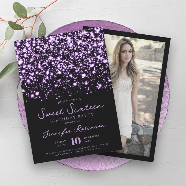 Elegant Lila Midnight Glam Foto Sweet 16 Einladung (Elegant Purple Midnight Glam Photo Sweet 16 Invitation)