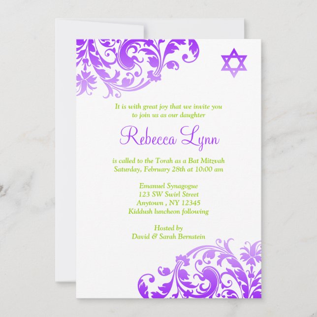 Elegant Lila Ombre Blüh Bat Mitzvah Einladung (Vorderseite)