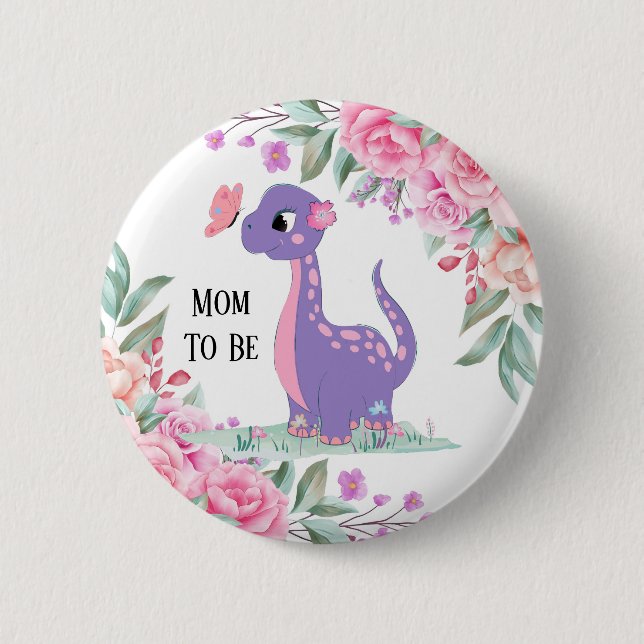 Elegant Lila Pink Dinosaur Butterfly Baby Dusche Button (Vorderseite)