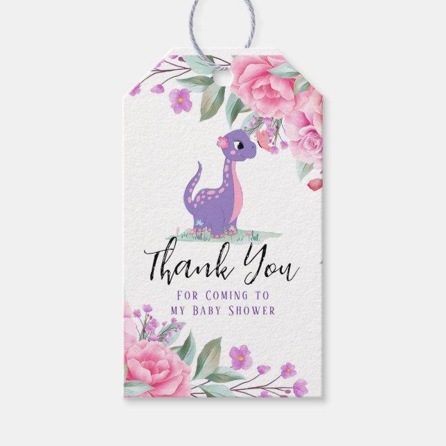 Elegant Lila Pink Dinosaur Butterfly Baby Dusche Geschenkanhänger (Vorderseite)