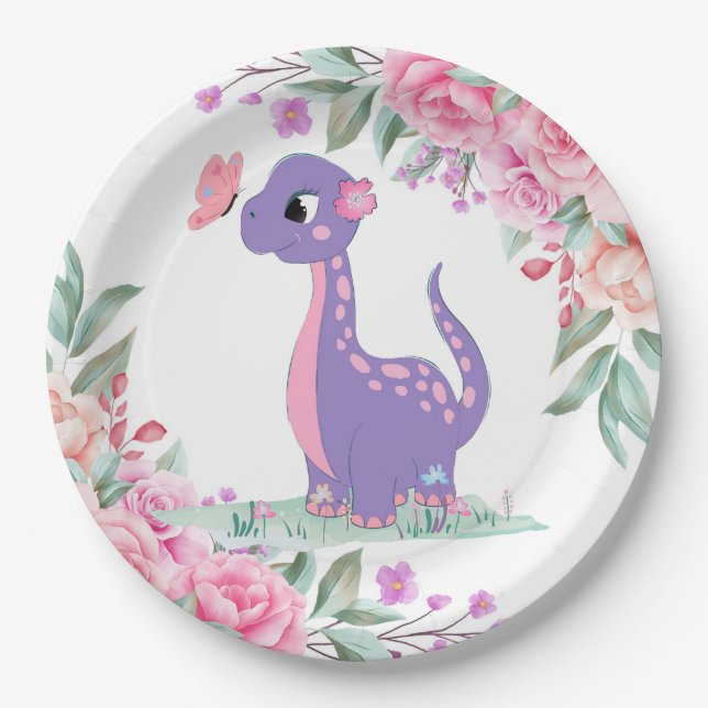 Elegant Lila Pink Dinosaur Butterfly Baby Dusche Pappteller (Vorderseite)