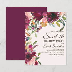 Elegant Lila Pink Gold Floral Script Sweet 16 Einladung