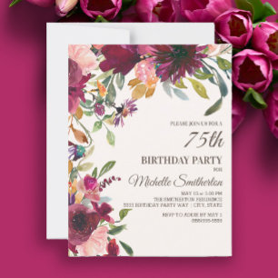 Elegant Lila Rosa Gold Blumen 75. Geburtstag Einladung