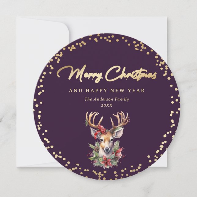 Elegant Lila und Gold Deer Frohe Weihnachten (Vorderseite)