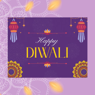 Elegant Lila und Gold Lanterns Happy Diwali Postkarte