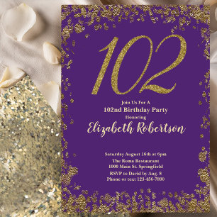Elegant Lila und Gold zum 102. Geburtstag Einladung