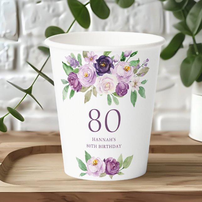 Elegant Lila | Violet Floral 80. Geburtstag Pappbecher (Von Creator hochgeladen)