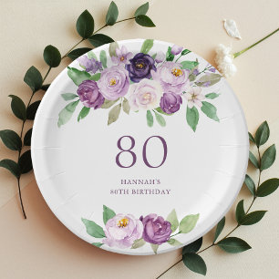 Elegant Lila   Violet Floral 80. Geburtstag Pappteller